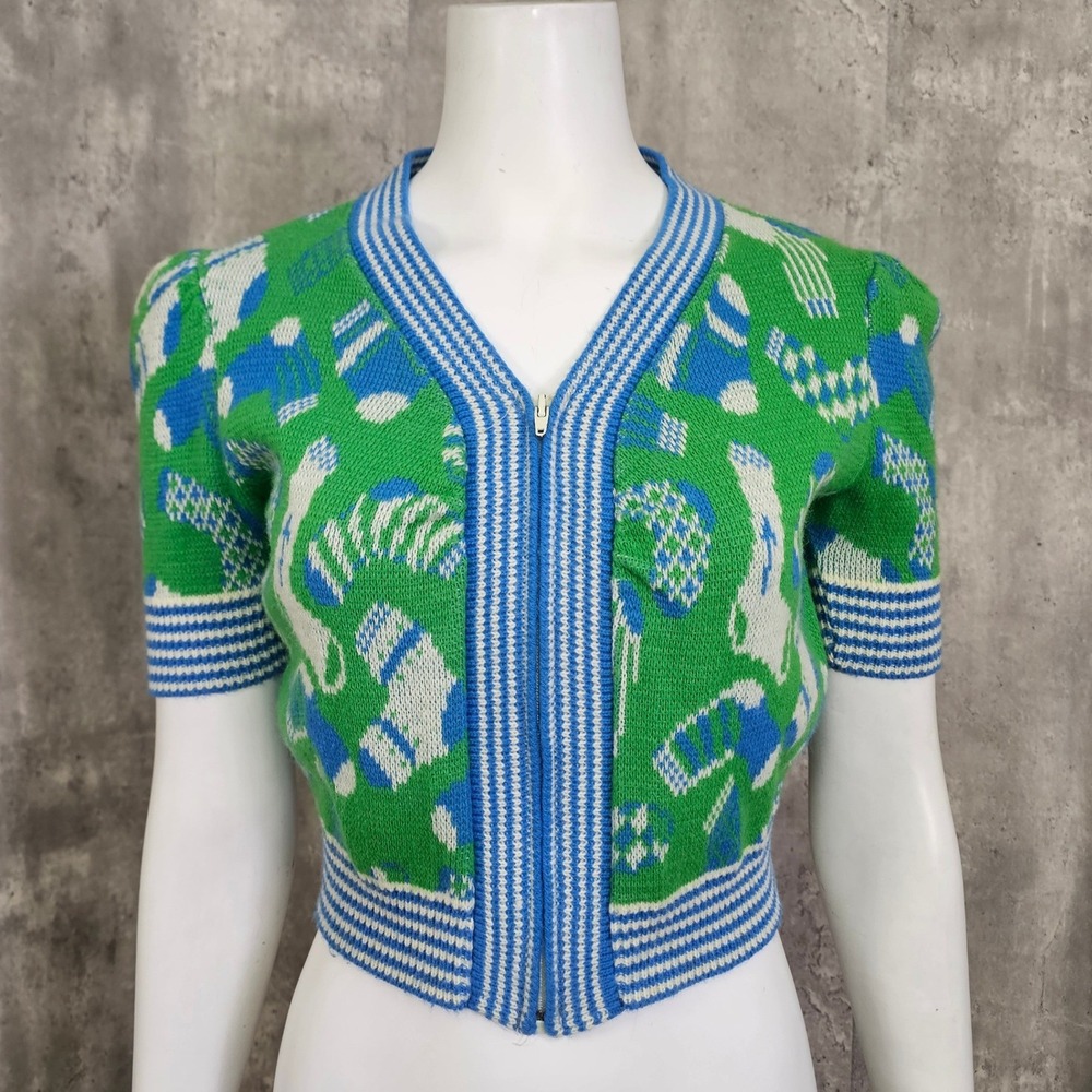 Vintage 70s Lemon Frog Novelty Sock Print Zip Knit Cropped Sweater Sears